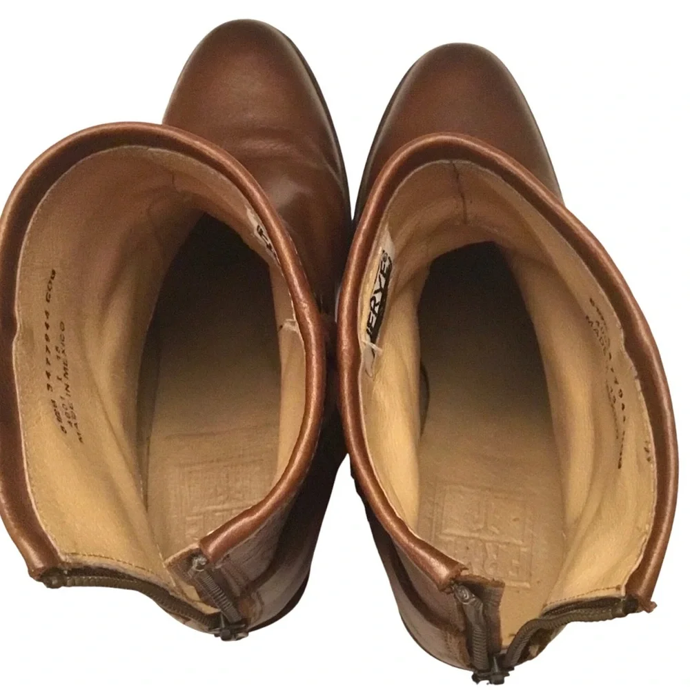 Frye Tabitha Brown Leather Short Ankle Boots Moto Harness Stacked Heel Size-8.5